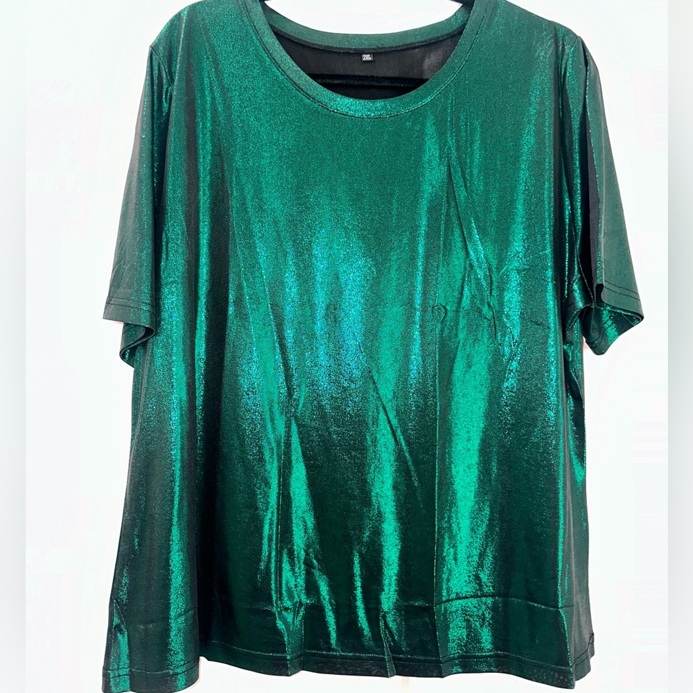 Short Sleeve Metallic Green Top